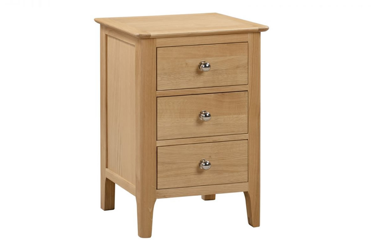 View Solid Natural Oak 3 Drawer Bedside Chest Chrome Pull Handles Easy Glide Storage Drawers Dovetail Joints Cotswold Bedroom Range information