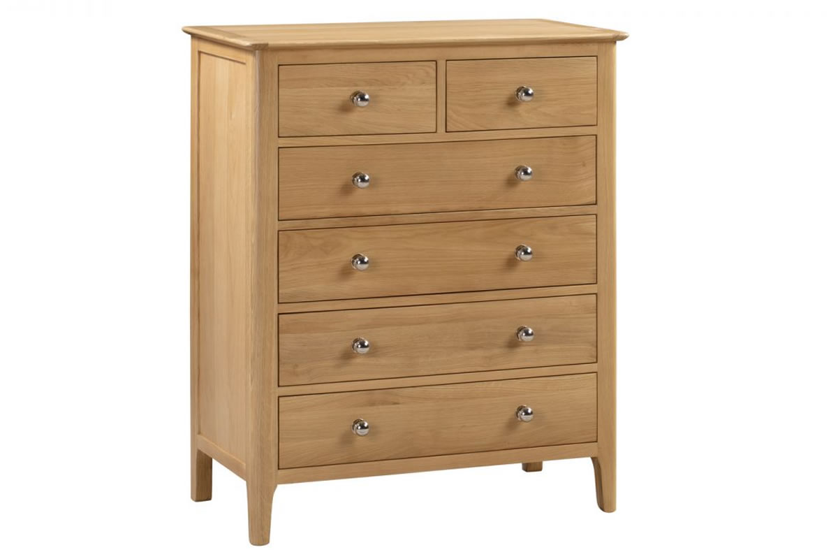 View Natural Light Oak Wooden 4 2 Drawer Tall Bedroom Storage Chest Of Drawers Shaker Styled Solid Wood Drawers Silver Handles Cotswold information