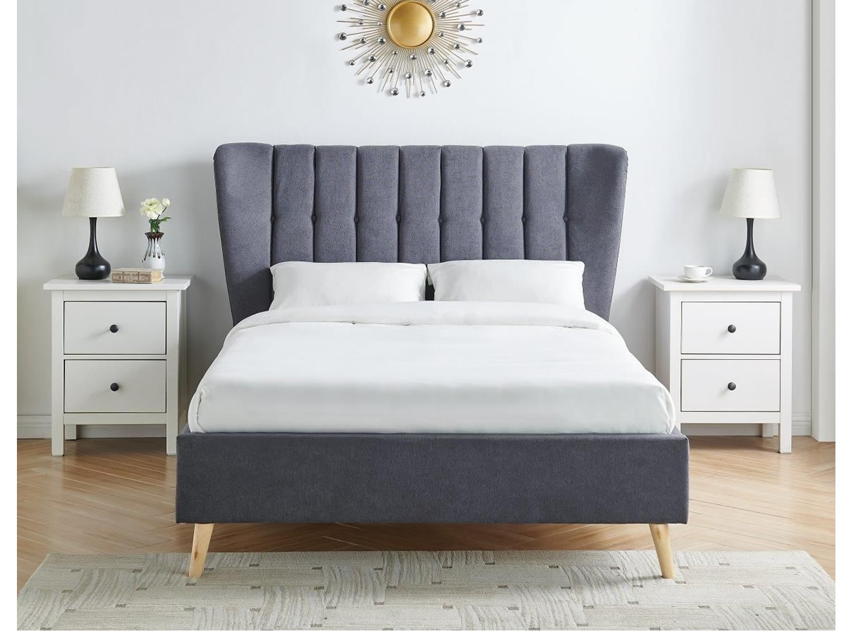 View Tasya Winged Fabric Bedframe 46 Double Dark Grey Velvet Fabric Tall Column Stitched Headboard Low Foot End Wooden Splayed Legs information