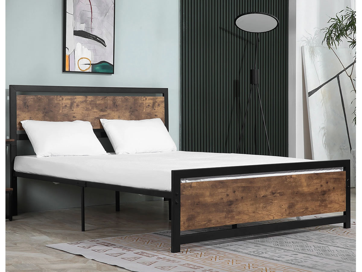View Vintage Rustic Wood Metal Bed 50 King Size Black Steel Bed Frame Wooden Headboard Footend Industrial Style information
