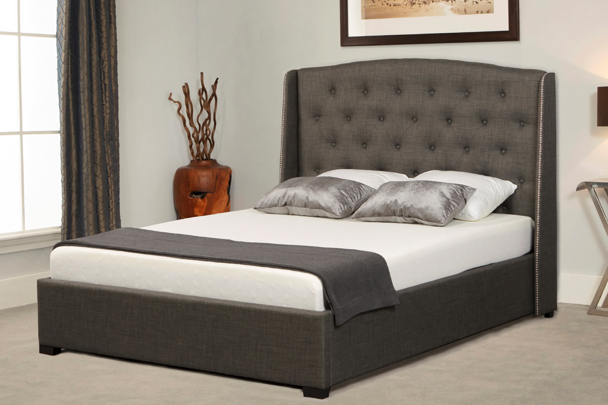 View Grey Super King Size Fabric Ottoman Bed Frame Buttoned Headboard Excellent Storage Mayfair information
