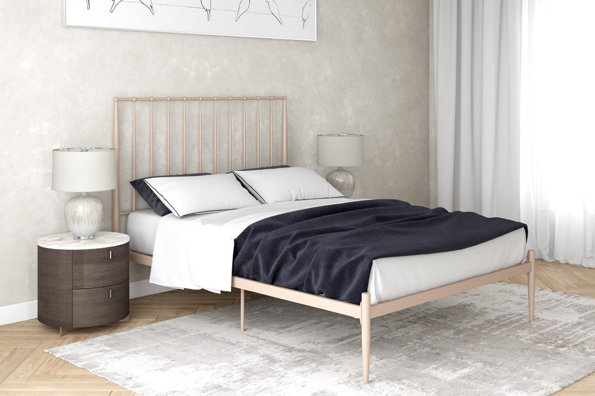 View Giulia Modern Pink Metal Bed Frame Tall Slatted Head End Double 46 135cm Low Foot End Strong Frame Slatted Base Centre Support information
