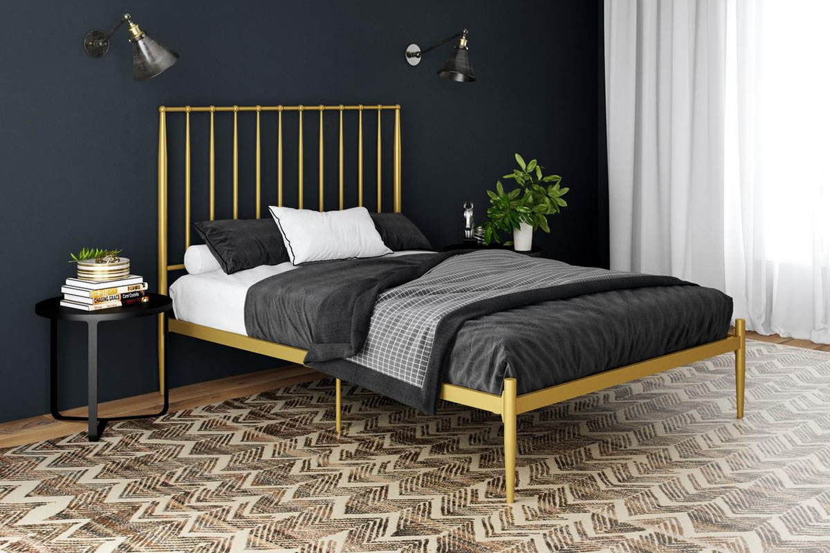 View Giulia Modern Gold Metal Bed Frame Tall Slatted Head End King Size 50 150cm Low Foot End Strong Frame Slatted Base Centre Support information