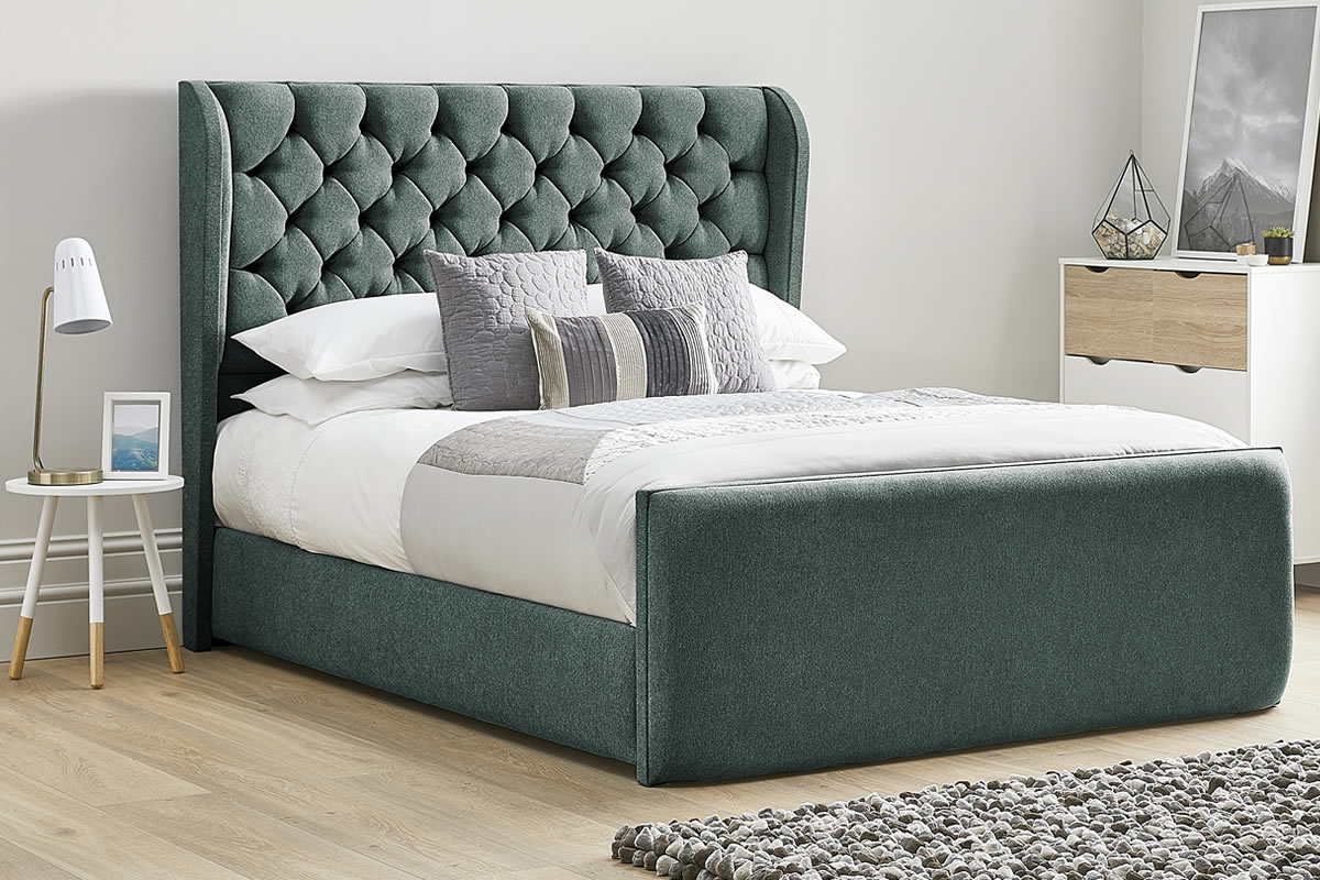 View Duck Egg Blue Fabric Bed Frame Tall Deeply Padded Plush Headboard Heavy Duty 50 King Size Bed Frame High Foot End Aster information