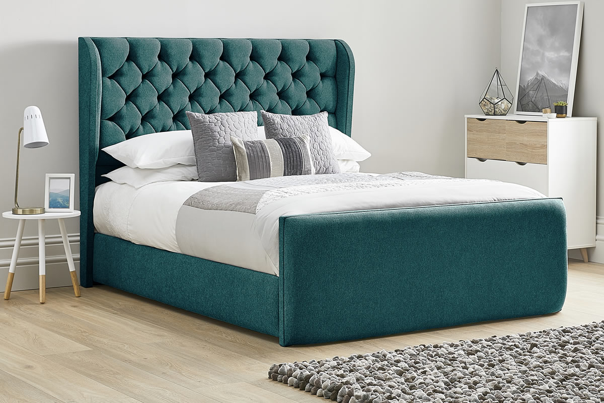 View Green Fabric Bed Frame Tall Deeply Padded Plush Headboard Heavy Duty 60 Super King Size Bed Frame High Foot End Aster information