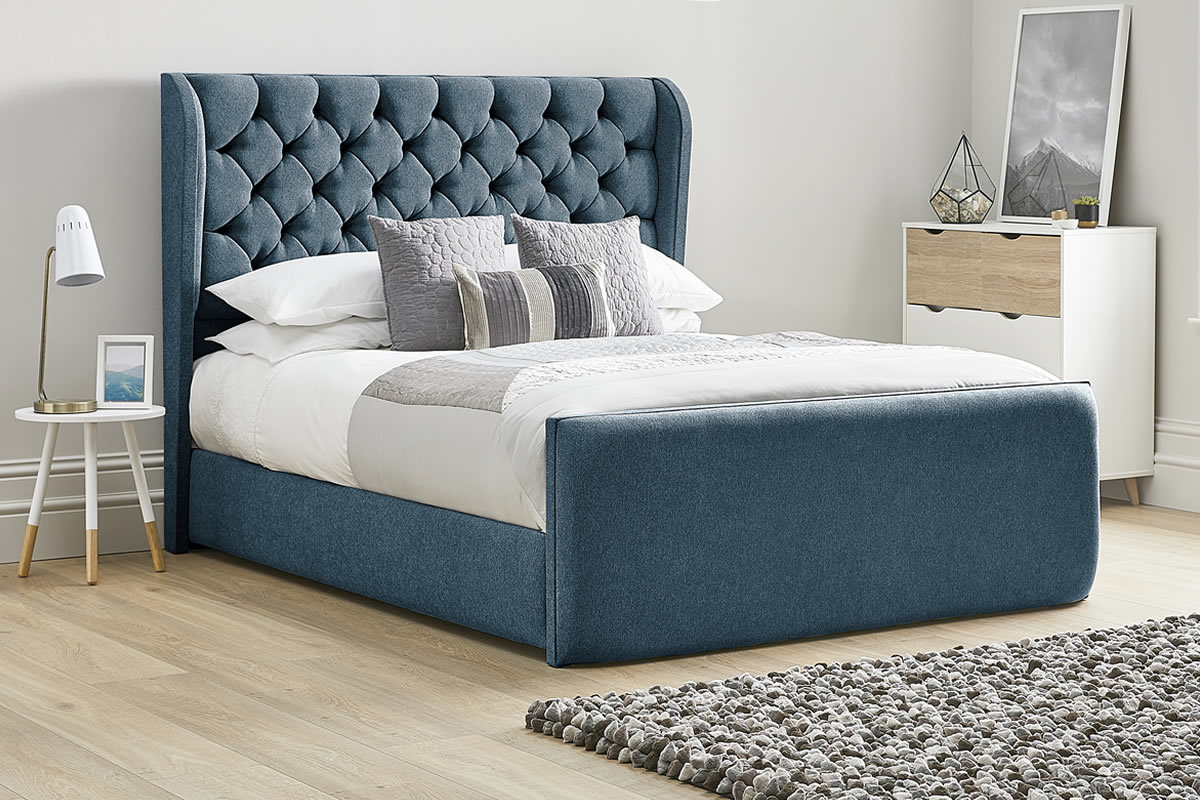 View Blue Fabric Bed Frame Tall Deeply Padded Plush Headboard Heavy Duty 60 Super King Size Bed Frame High Foot End Aster information