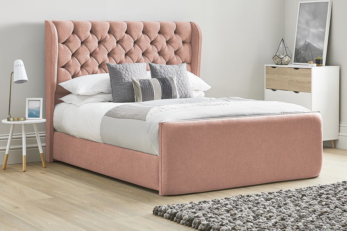 View Pink Fabric Bed Frame Tall Deeply Padded Plush Headboard Heavy Duty 50 King Size Bed Frame High Foot End Aster information