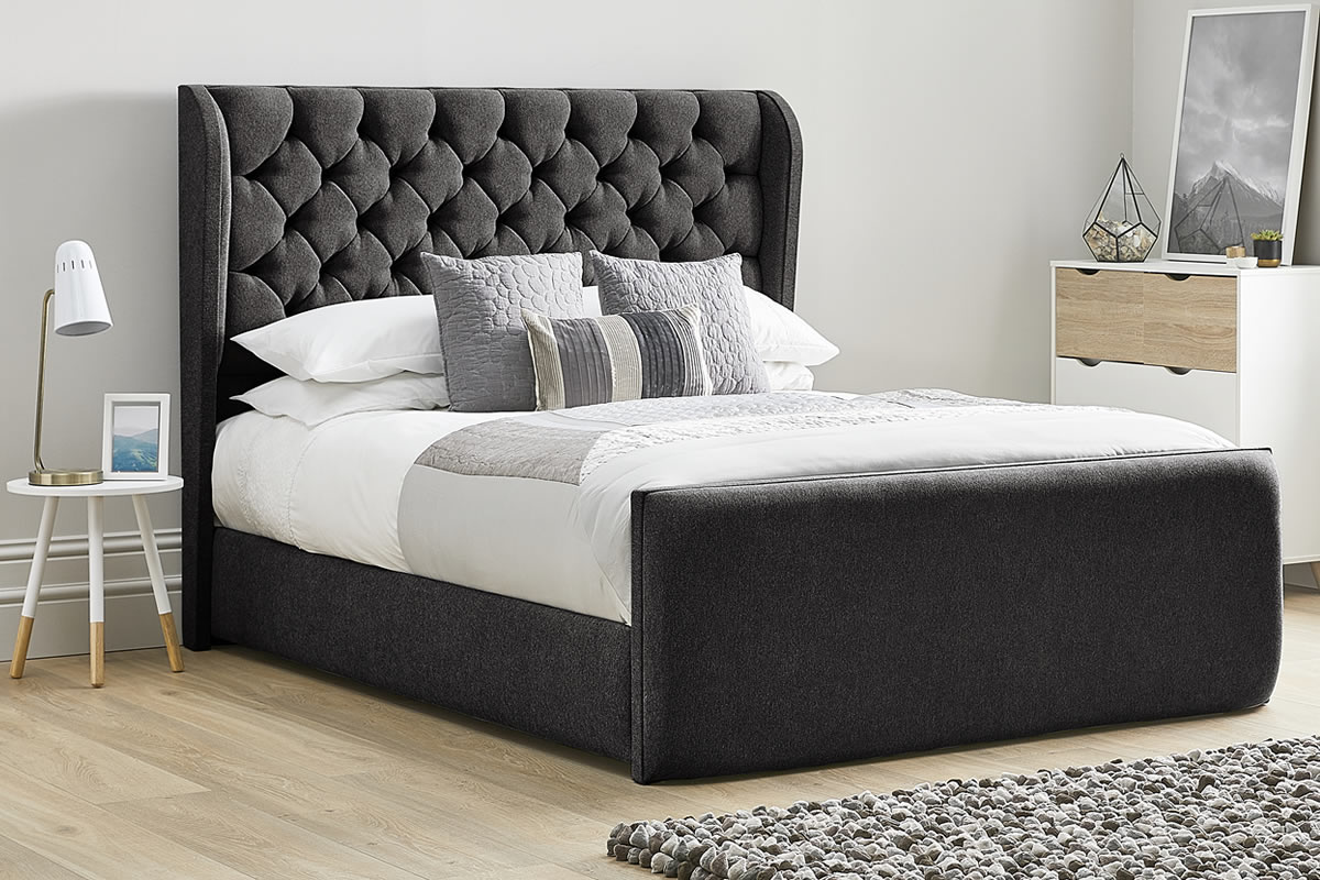 View Black Fabric Bed Frame Tall Deeply Padded Plush Winged Buttoned Headboard Heavy Duty 46 Double Bed High Foot End Aster information