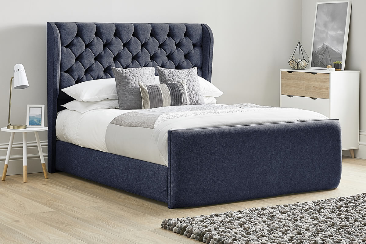 View Blue Fabric Bed Frame Tall Deeply Padded Plush Winged Buttoned Headboard Heavy Duty 46 Double Bed High Foot End Aster information