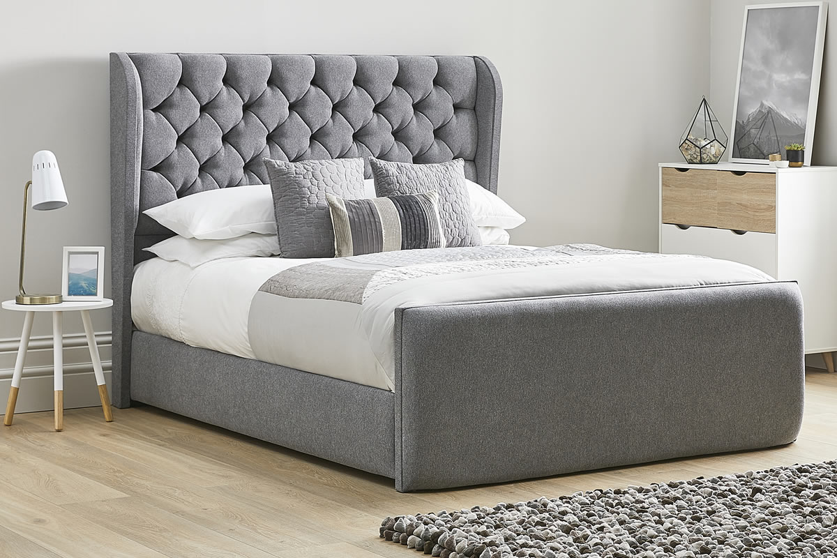 View Grey Fabric Bed Frame Tall Deeply Padded Plush Headboard Heavy Duty 50 King Size Bed Frame High Foot End Aster information