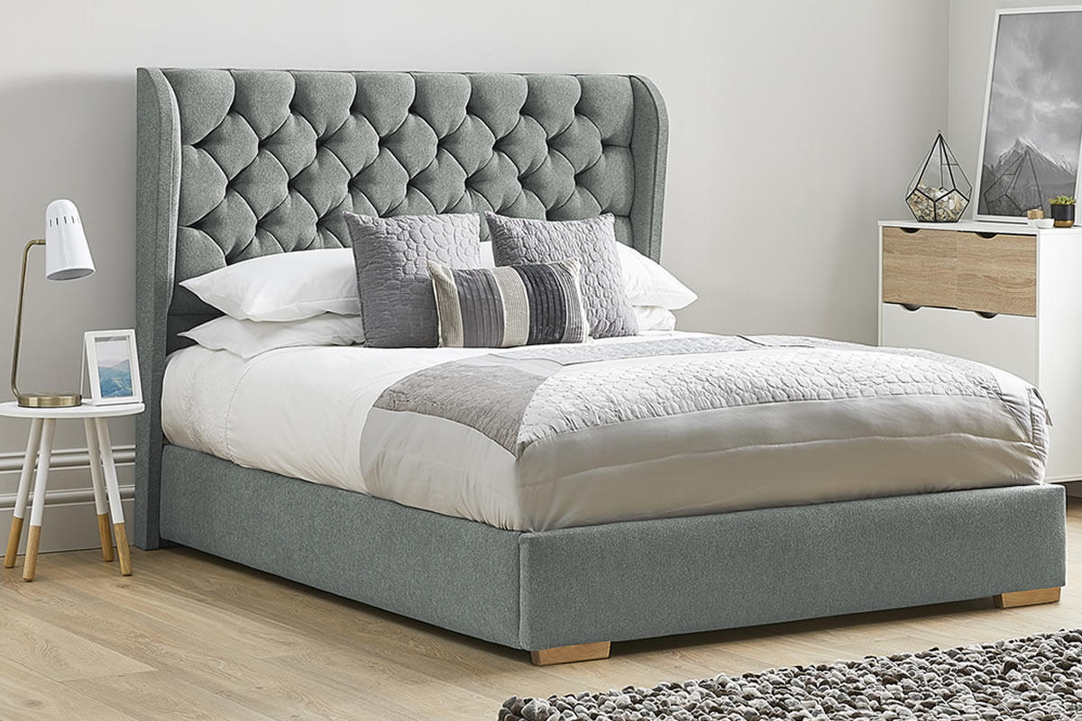 View Grey Fabric Bed Frame Tall Deeply Padded Plush Headboard Heavy Duty 60 Super King Size Bed Frame Low Foot End Aster information