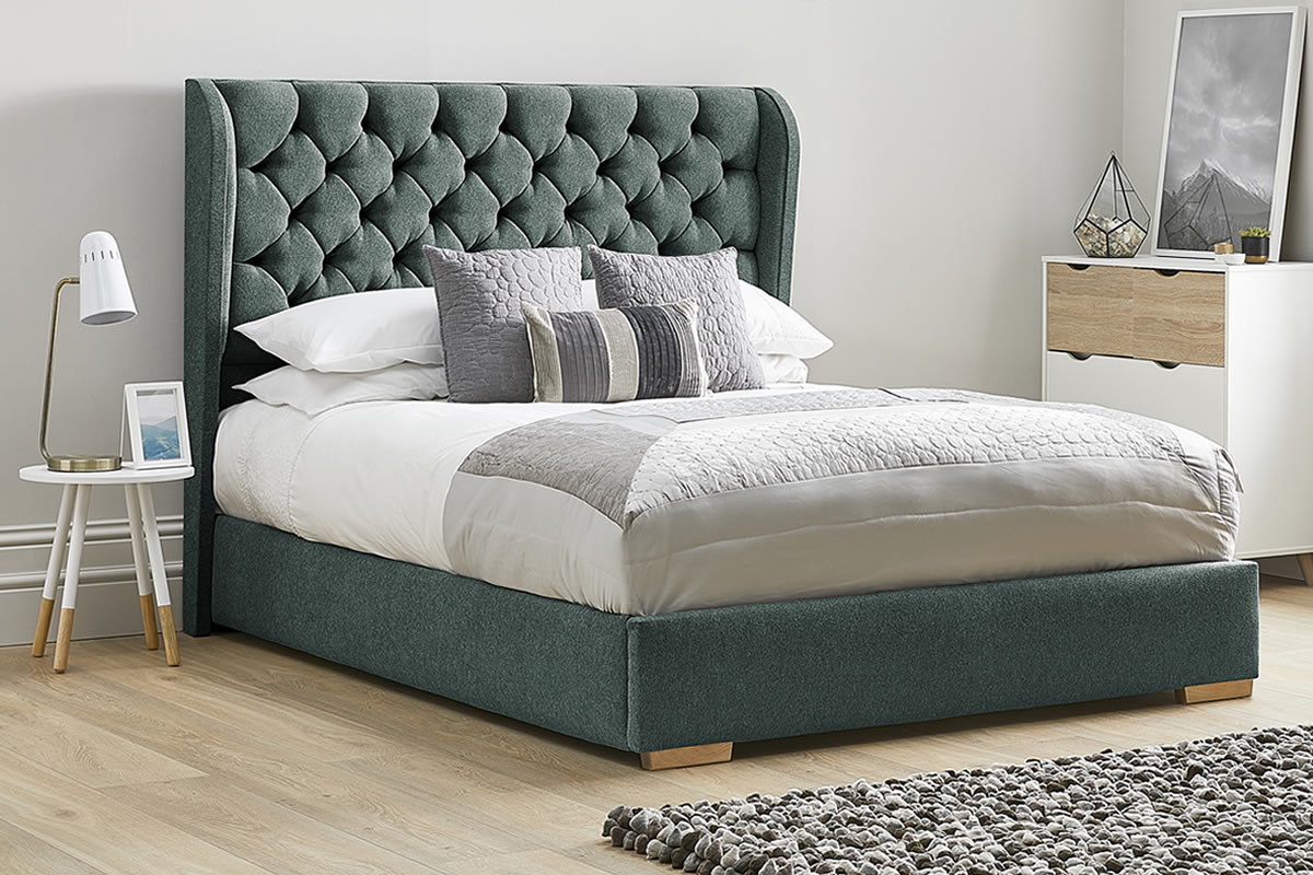 View Duck Egg Blue Fabric Bed Frame Tall Deeply Padded Buttoned Winged Headboard Heavy Duty 46 Double Bed Low Foot End Aster information