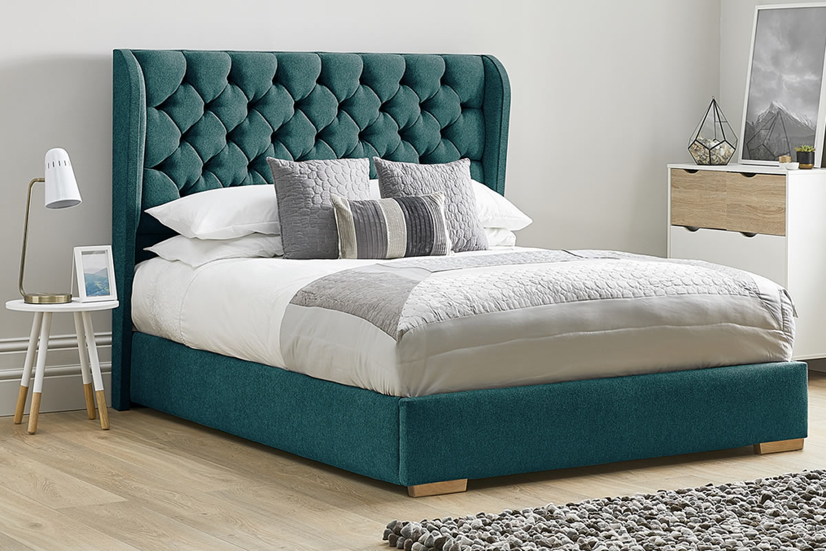 View Green Opulent Fabric Bed Frame Tall Deeply Padded Buttoned Winged Headboard Heavy Duty 46 Double Bed Low Foot End Aster information
