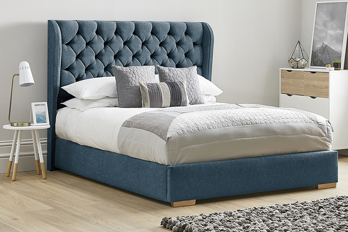 View Blue Fabric Bed Frame Tall Deeply Padded Plush Headboard Heavy Duty 60 Super King Size Bed Frame Low Foot End Aster information
