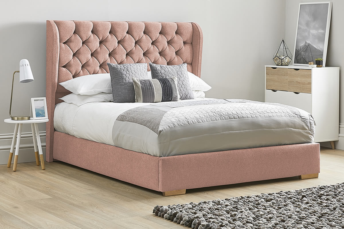 View Pink Fabric Bed Frame Tall Deeply Padded Buttoned Winged Headboard Heavy Duty 46 Double Bed Low Foot End Aster information