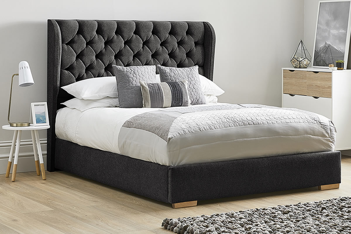 View Black Fabric Bed Frame Tall Deeply Padded Buttoned Winged Headboard Heavy Duty 46 Double Bed Low Foot End Aster information