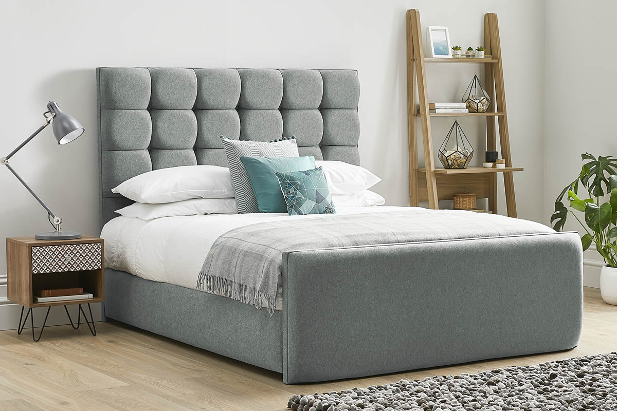 View Light Grey Fabric Bed Frame Tall Deeply Padded Buttoned Headboard Modern High Foot End Heavy Duty 50 King Bed Honesty information