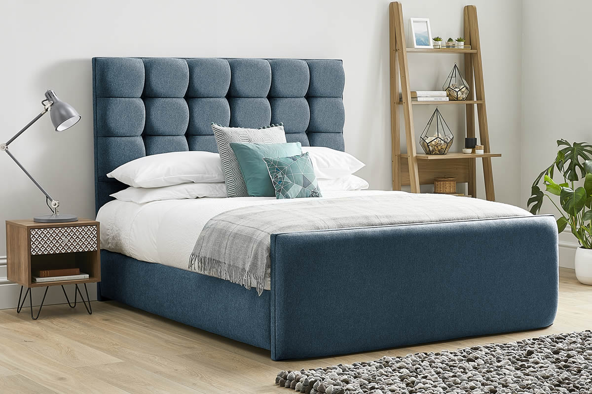 View Blue Fabric Bed Frame Tall Deeply Padded Buttoned Headboard Modern High Foot End Heavy Duty 50 King Bed Honesty information