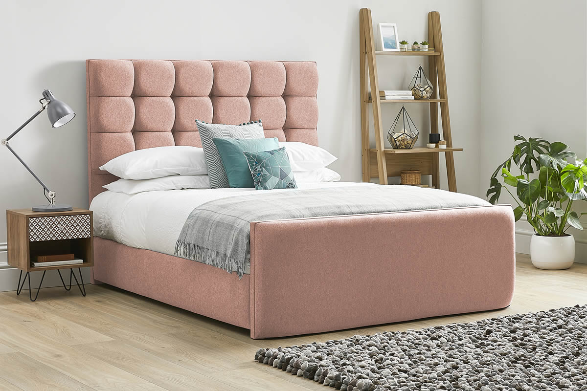 View Pink Fabric Bed Frame Tall Deeply Padded Buttoned Headboard Modern High Foot End Heavy Duty 46 Double Bed Honesty information