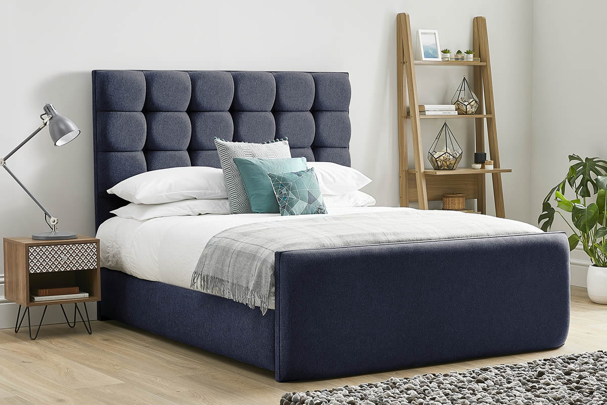 View Navy Fabric Bed Frame Tall Deeply Padded Buttoned Headboard Modern High Foot End Heavy Duty 46 Double Bed Honesty information