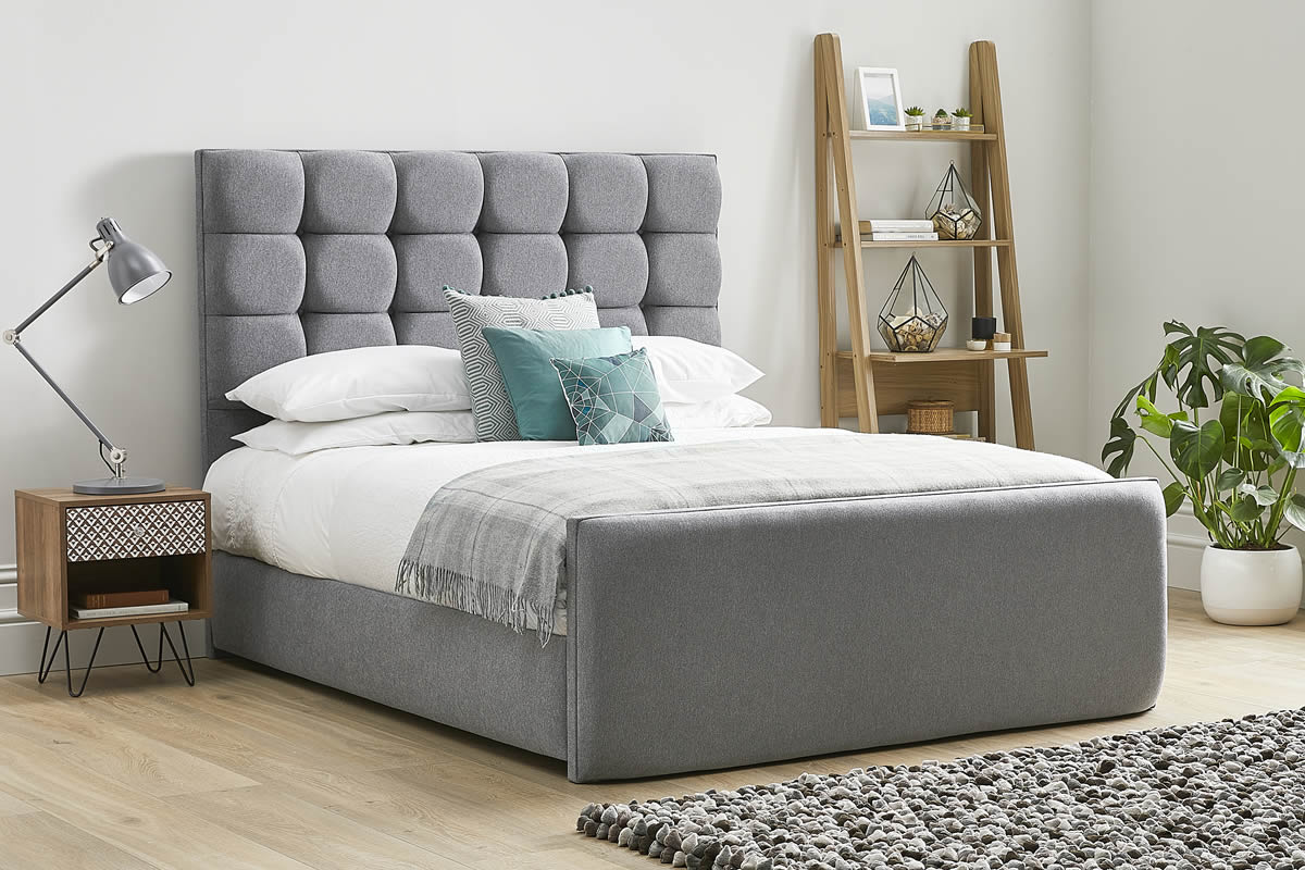 View Dark Grey Fabric Bed Frame Tall Deeply Padded Buttoned Headboard Modern High Foot End Heavy Duty 46 Double Bed Honesty information