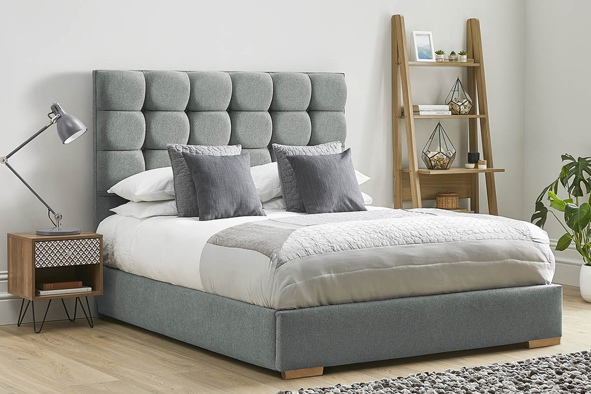 View Light Grey Fabric Bed Frame Tall Deeply Padded Buttoned Headboard Modern Low Foot End Heavy Duty 60 Super King Bed Honesty information