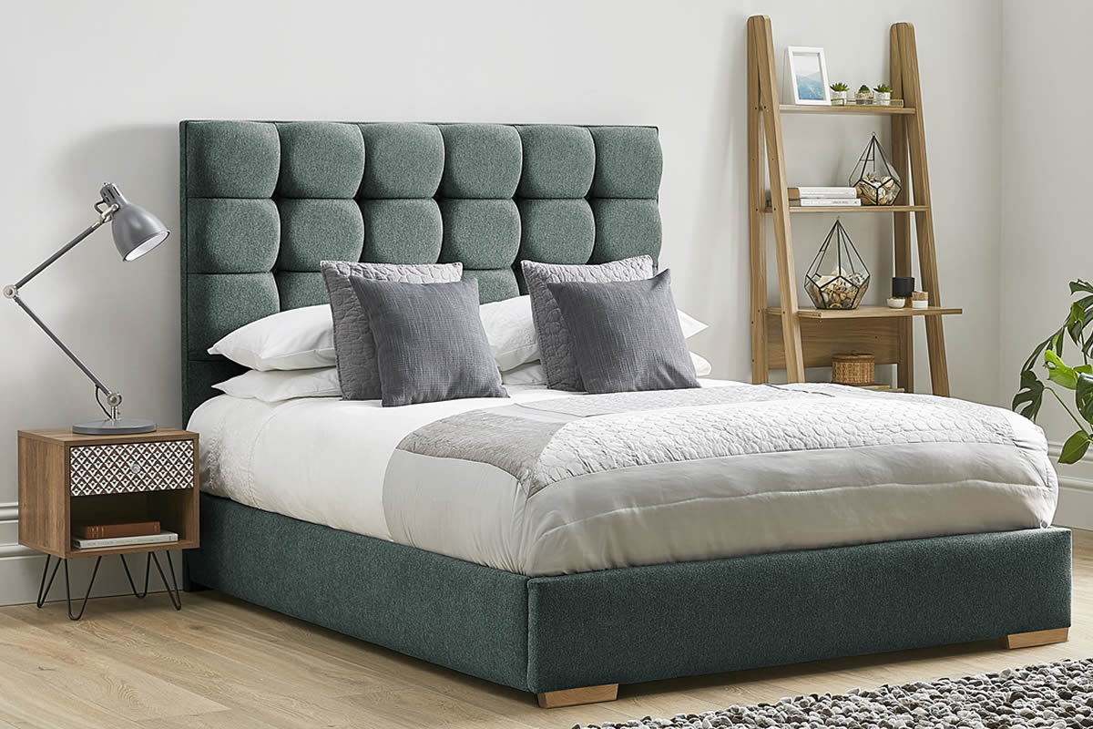 View Aqua Fabric Bed Frame Tall Deeply Padded Buttoned Headboard Modern Low Foot End Heavy Duty 60 Super King Bed Honesty information