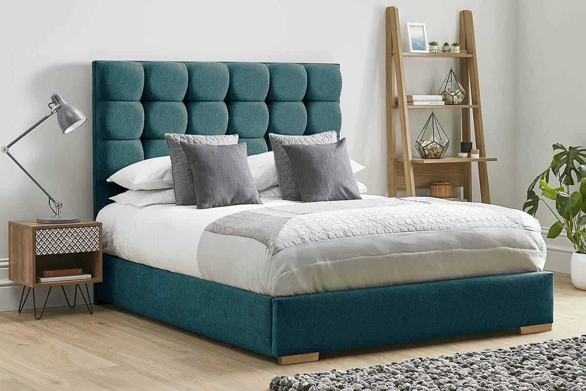 View Green Fabric Bed Frame Tall Deeply Padded Buttoned Headboard Modern Low Foot End Heavy Duty 46 Double Bed Honesty information