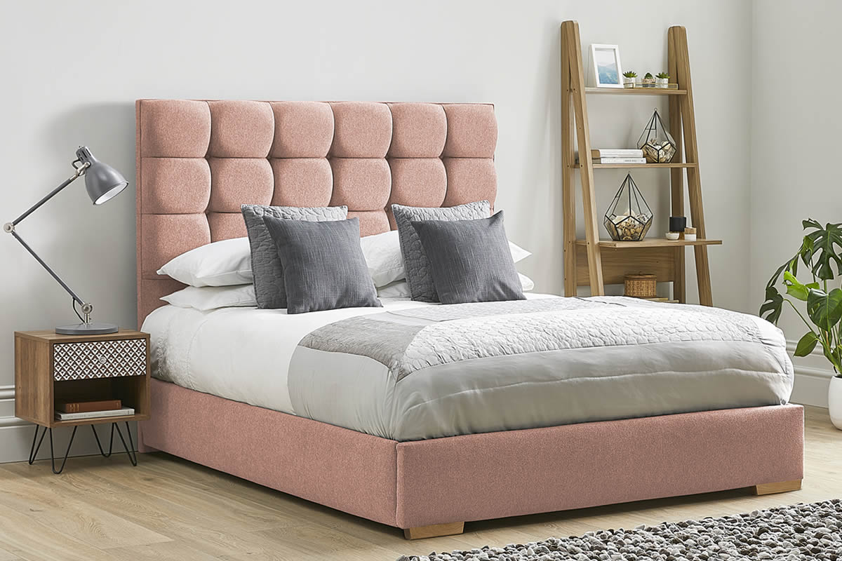 View Pink Fabric Bed Frame Tall Deeply Padded Buttoned Headboard Modern Low Foot End Heavy Duty 50 King Bed Honesty information