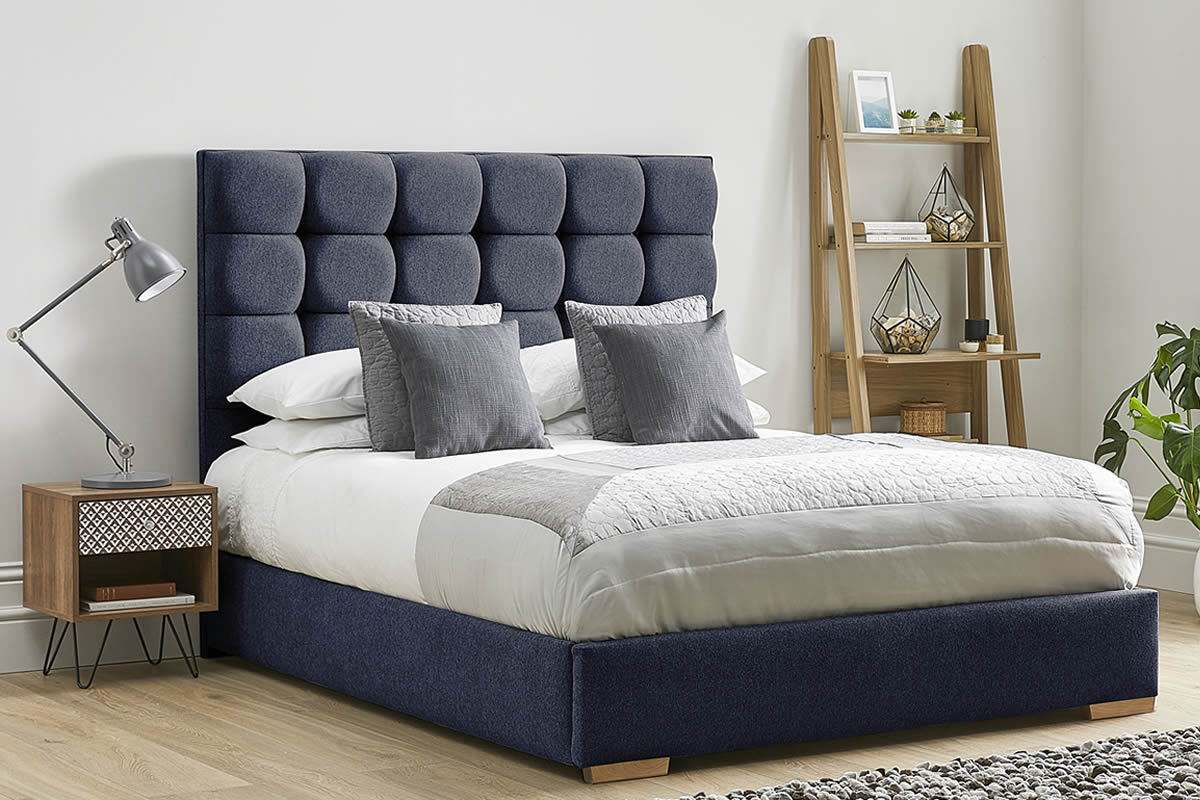 View Navy Fabric Bed Frame Tall Deeply Padded Buttoned Headboard Modern Low Foot End Heavy Duty 50 King Bed Honesty information