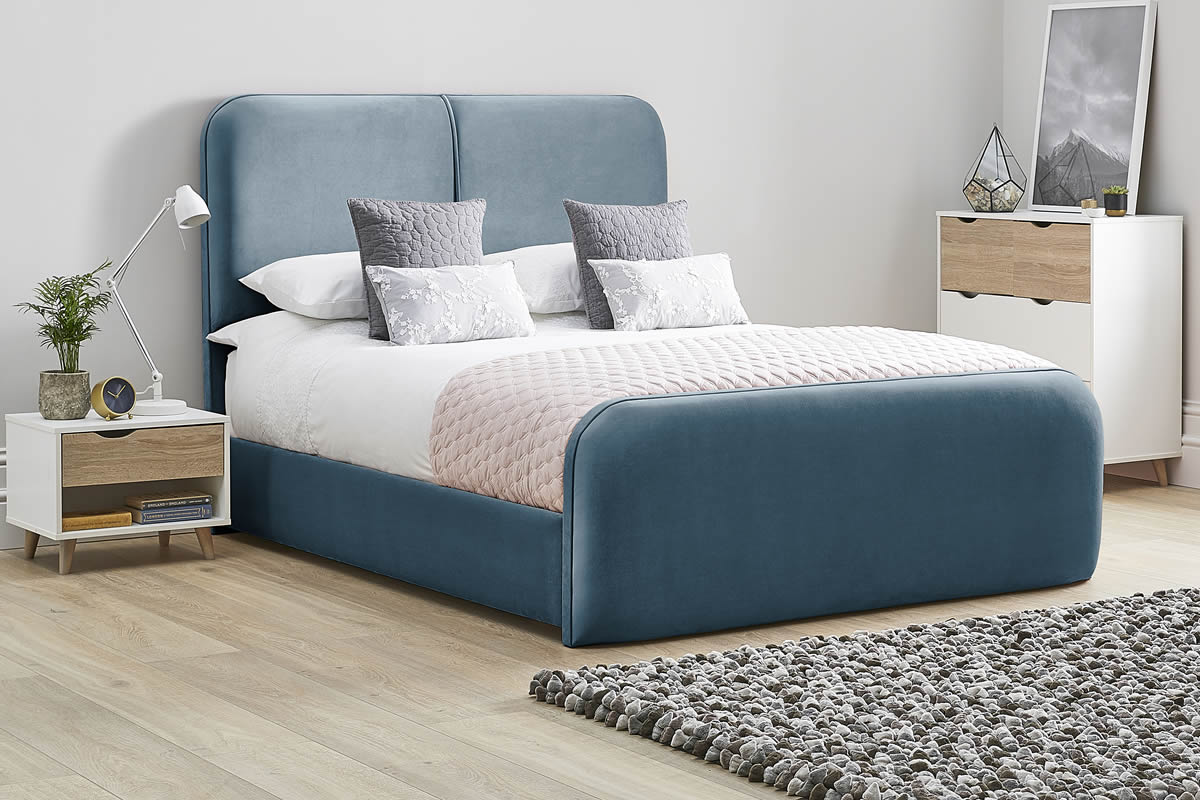 View Blue Fabric Bed Frame Tall Deeply Padded Arched Headboard Modern High Foot End Heavy Duty 60 Super King Bed Daisy information