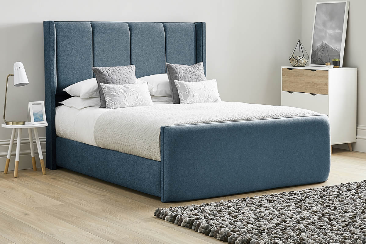 View Marine Blue Fabric Bed Frame Winged Headboard Modern High Foot End Heavy Duty 60 Super King Bed Tall Four Column Deeply Padded Headboard Qu information