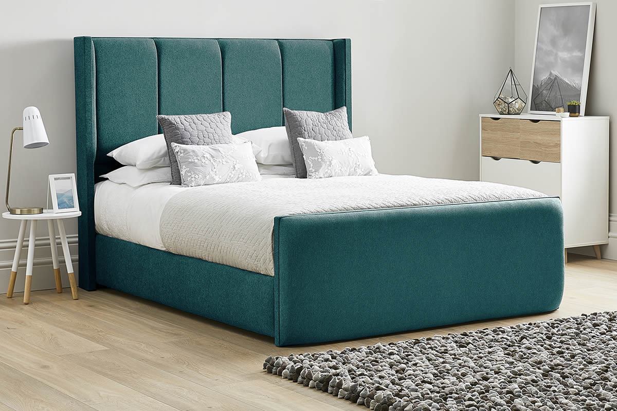 View Mallard Green Fabric Bed Frame Winged Headboard Modern High Foot End Heavy Duty 50 King Bed Tall Four Column Deeply Padded Headboard Quince information