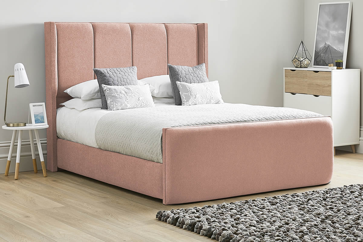 View Pink Fabric Bed Frame Winged Headboard Modern High Foot End Heavy Duty 46 Double Bed Tall Four Column Deeply Padded Headboard Quince information