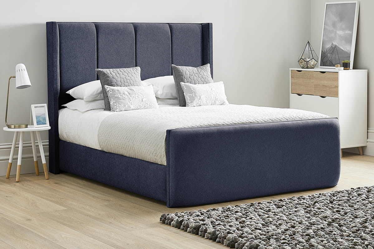 View Sapphire Blue Fabric Bed Frame Winged Headboard Modern High Foot End Heavy Duty 50 King Bed Tall Four Column Deeply Padded Headboard Quince information