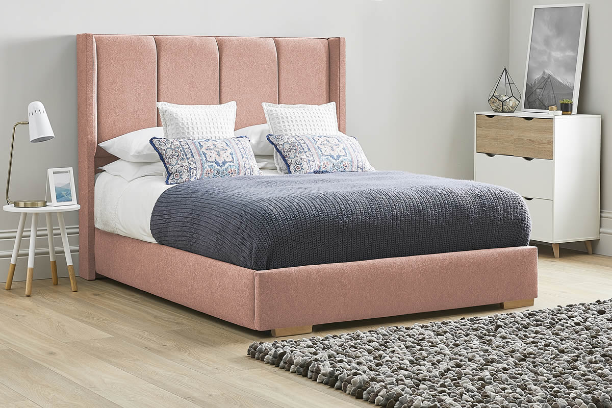 View Pink Fabric Bed Frame Winged Tall Four Column Padded Headboard Modern Low Foot End Heavy Duty 46 Double Bed Quince information
