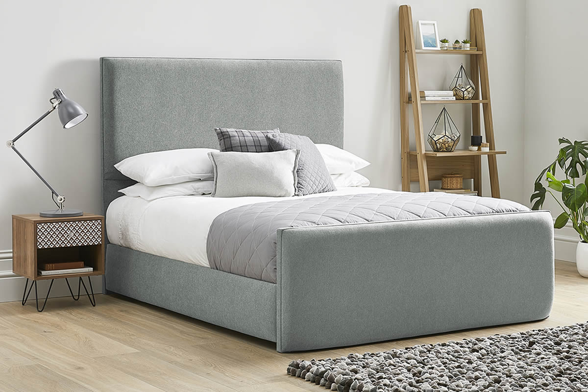 View Light Grey Fabric Bed Frame Modern High Foot End Heavy Duty 60 Super King Bed Tall Deeply Padded Headboard Kornelia information
