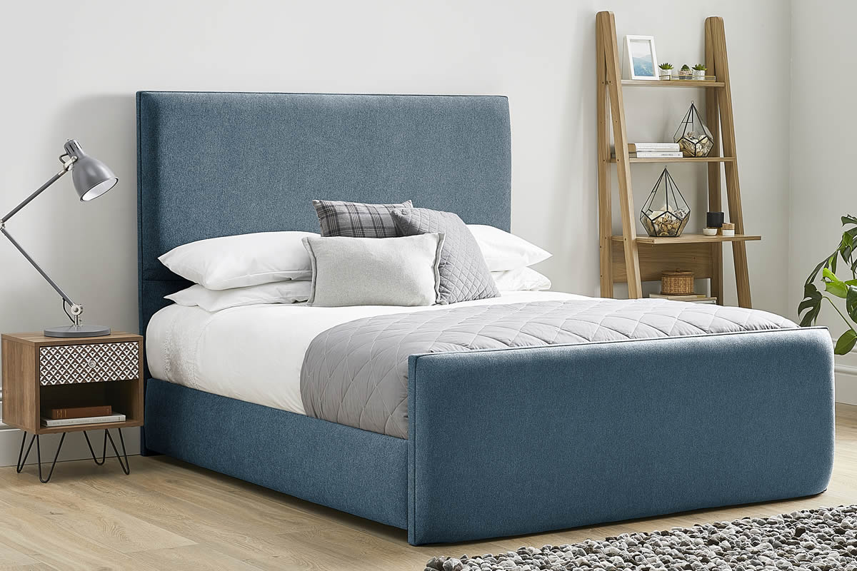View Marine Light Blue Fabric Bed Frame Modern High Foot End Heavy Duty 60 Super King Bed Tall Deeply Padded Headboard Kornelia information