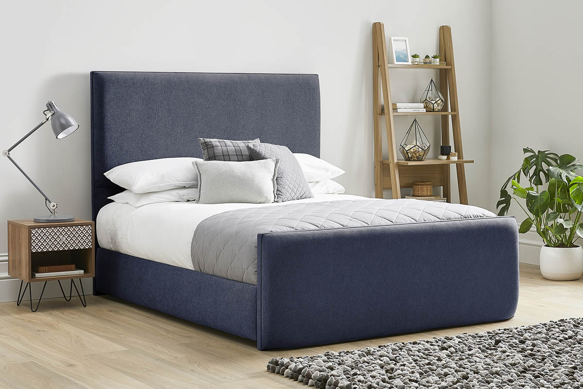 View Navy Blue Fabric Bed Frame Modern High Foot End Heavy Duty 50 King Bed Tall Deeply Padded Headboard Kornelia information