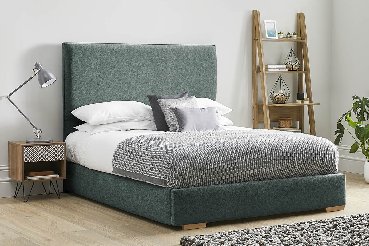 View Duckegg Fabric Bed Frame Modern Low Foot End Heavy Duty 46 Double Bed Tall Deeply Padded Headboard Kornelia information