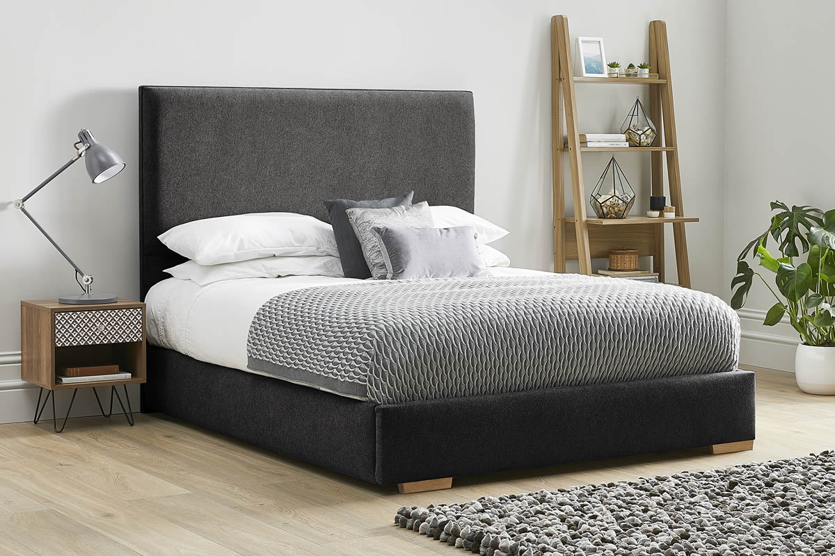 View Raven Black Fabric Bed Frame Modern Low Foot End Heavy Duty 50 King Bed Tall Deeply Padded Headboard Kornelia information