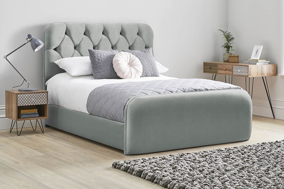View Light Grey Fabric Bed Frame Rounded Deeply Padded Plush Buttoned Headboard Heavy Duty 50 King Bed High Foot End Lilly information