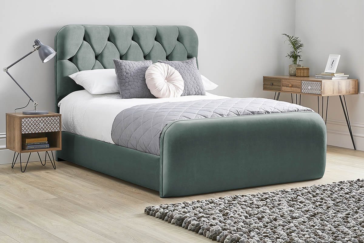 View Duck Egg Blue Fabric Bed Frame Rounded Deeply Padded Plush Buttoned Headboard Heavy Duty 60 Super King Bed High Foot End Lilly information
