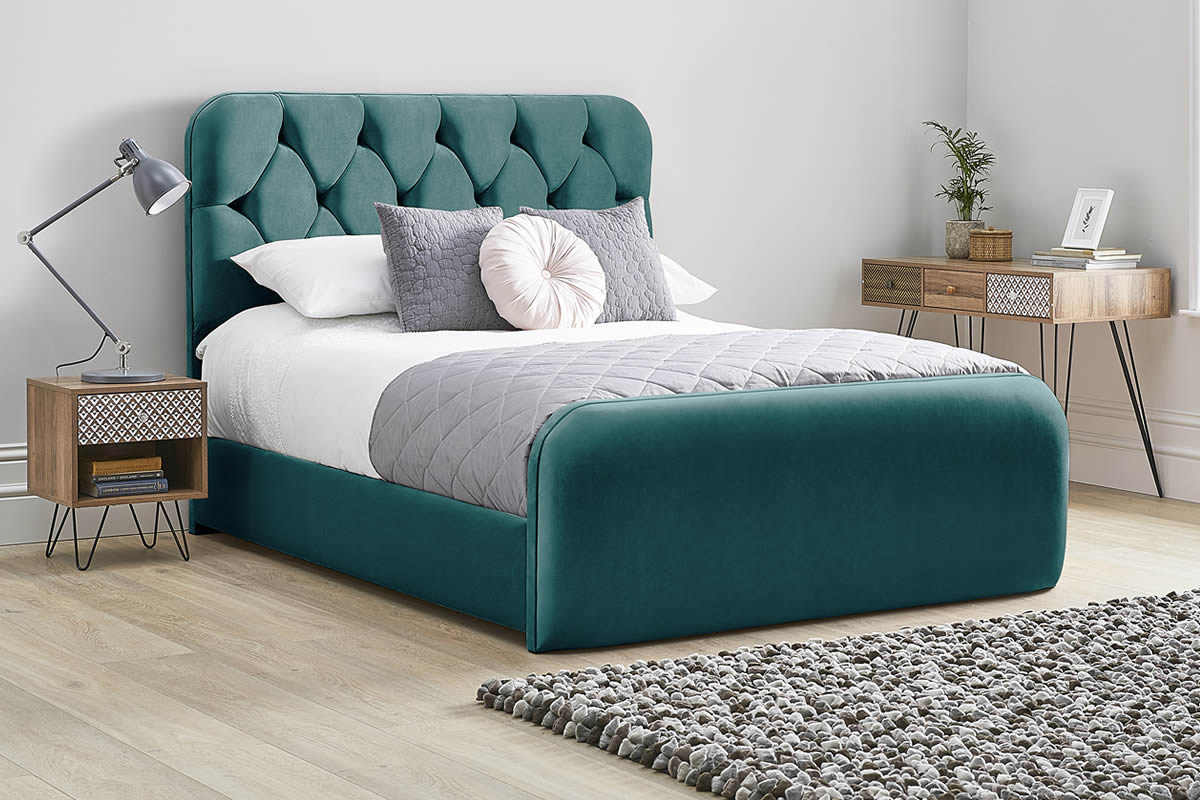 View Mallard Green Fabric Bed Frame Rounded Deeply Padded Plush Buttoned Headboard Heavy Duty 60 Super King Bed High Foot End Lilly information