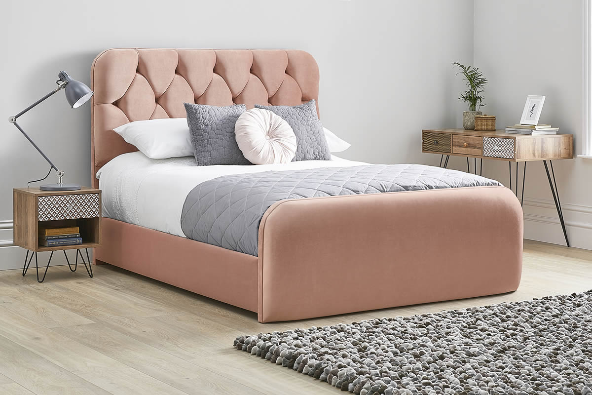 View Pink Fabric Bed Frame Rounded Deeply Padded Plush Buttoned Headboard Heavy Duty 60 Super King Bed High Foot End Lilly information