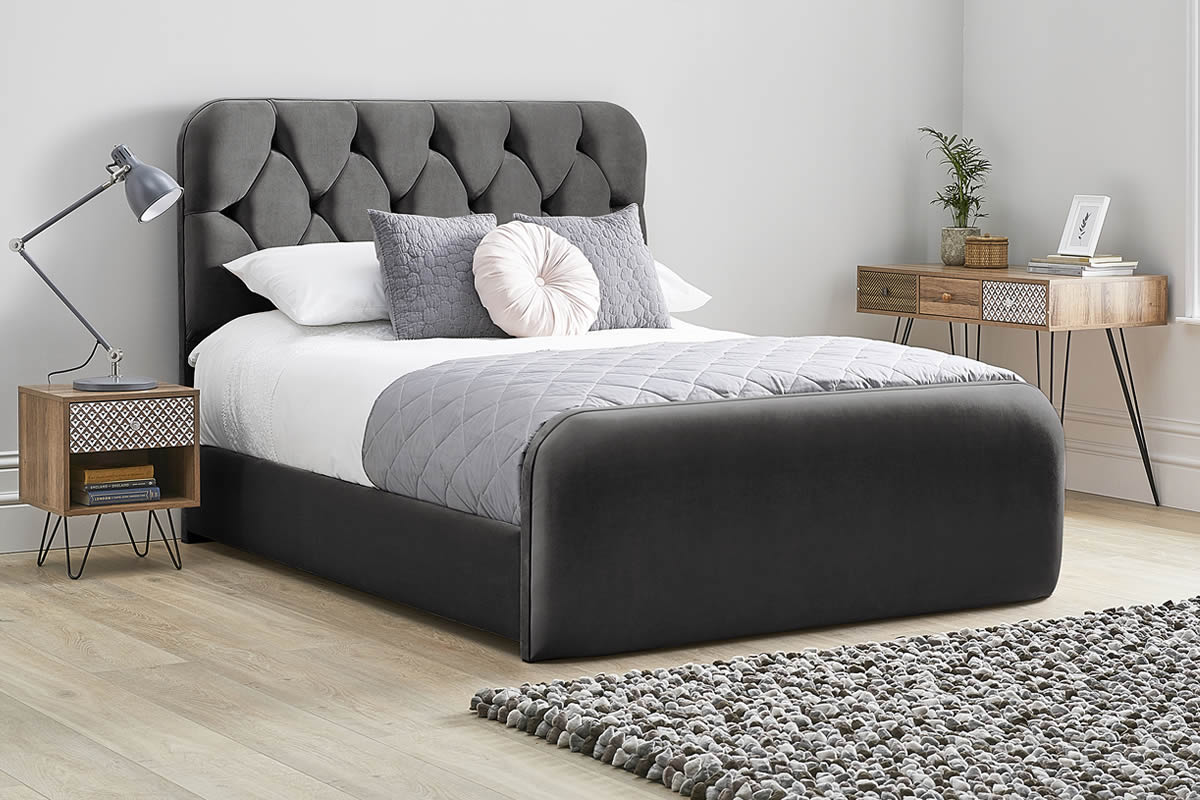 View Black Fabric Bed Frame Rounded Deeply Padded Plush Buttoned Headboard Heavy Duty 46 Double Bed High Foot End Lilly information