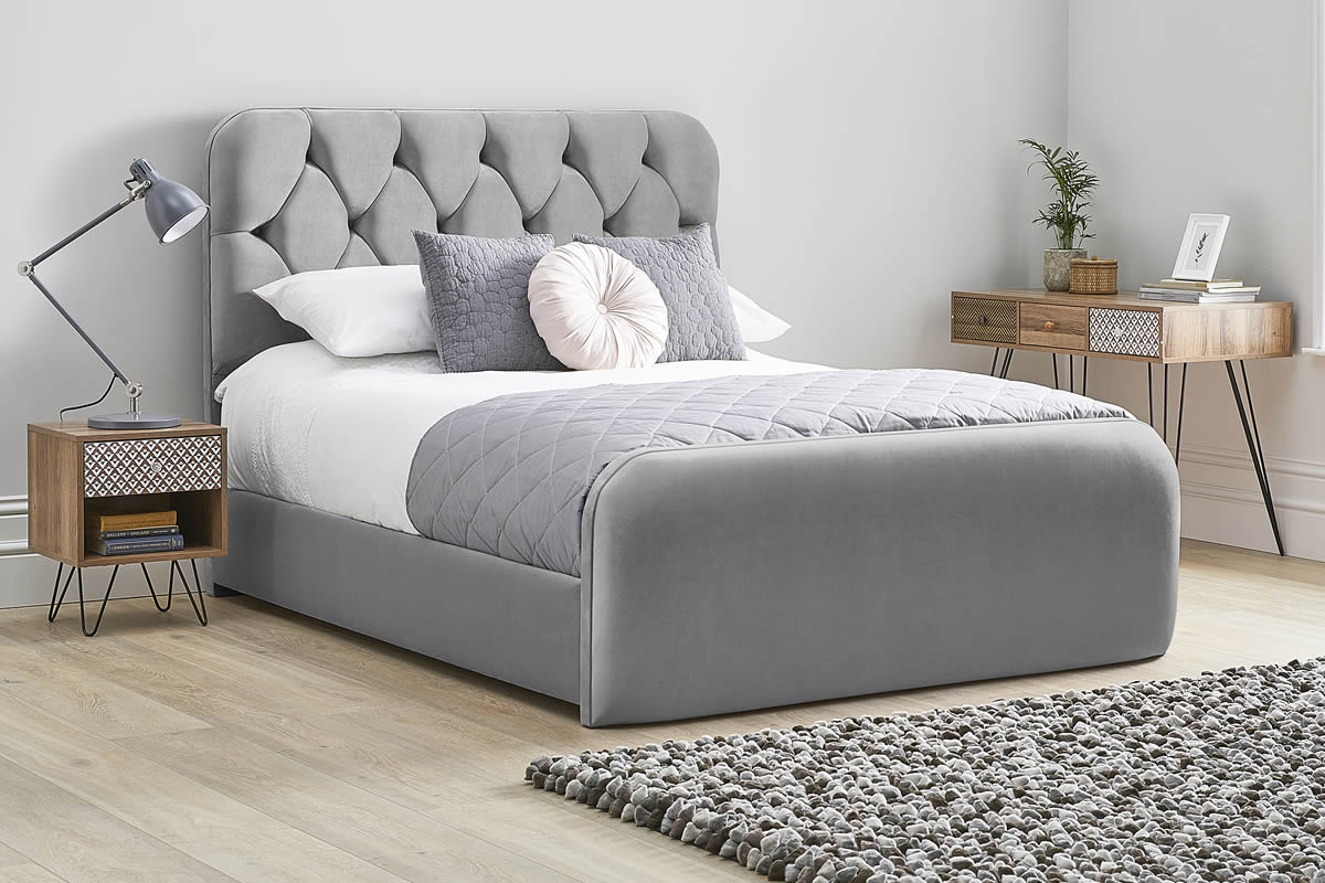 View Titanium Grey Fabric Bed Frame Rounded Deeply Padded Plush Buttoned Headboard Heavy Duty 46 Double Bed High Foot End Lilly information