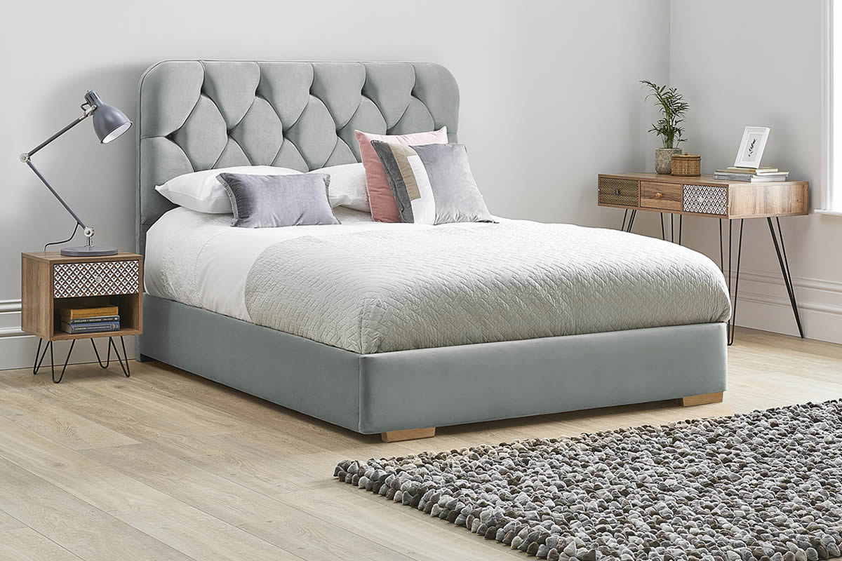 View Light Grey Fabric Bed Frame Rounded Deeply Padded Plush Buttoned Headboard Heavy Duty 60 Super King Bed Low Foot End Lilly information