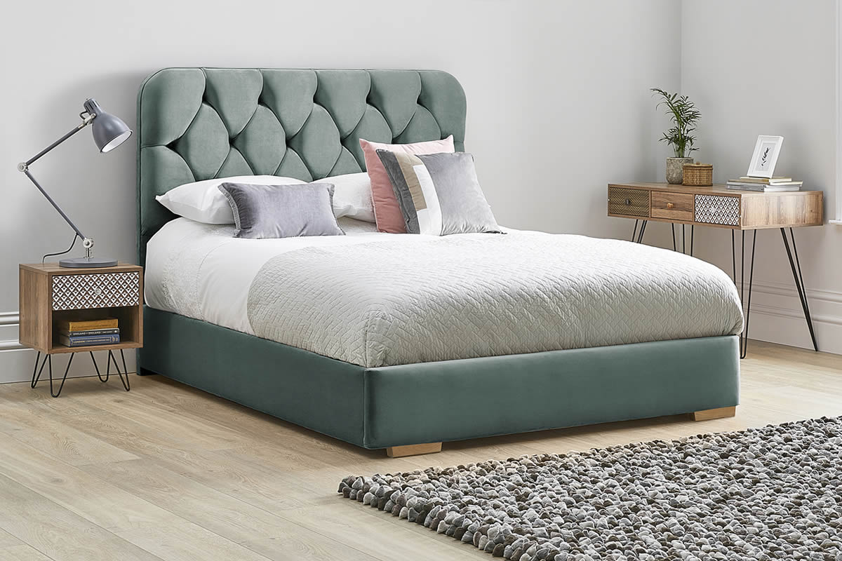 View Duck Egg Blue Fabric Bed Frame Rounded Deeply Padded Plush Buttoned Headboard Heavy Duty 60 Super King Bed Low Foot End Lilly information