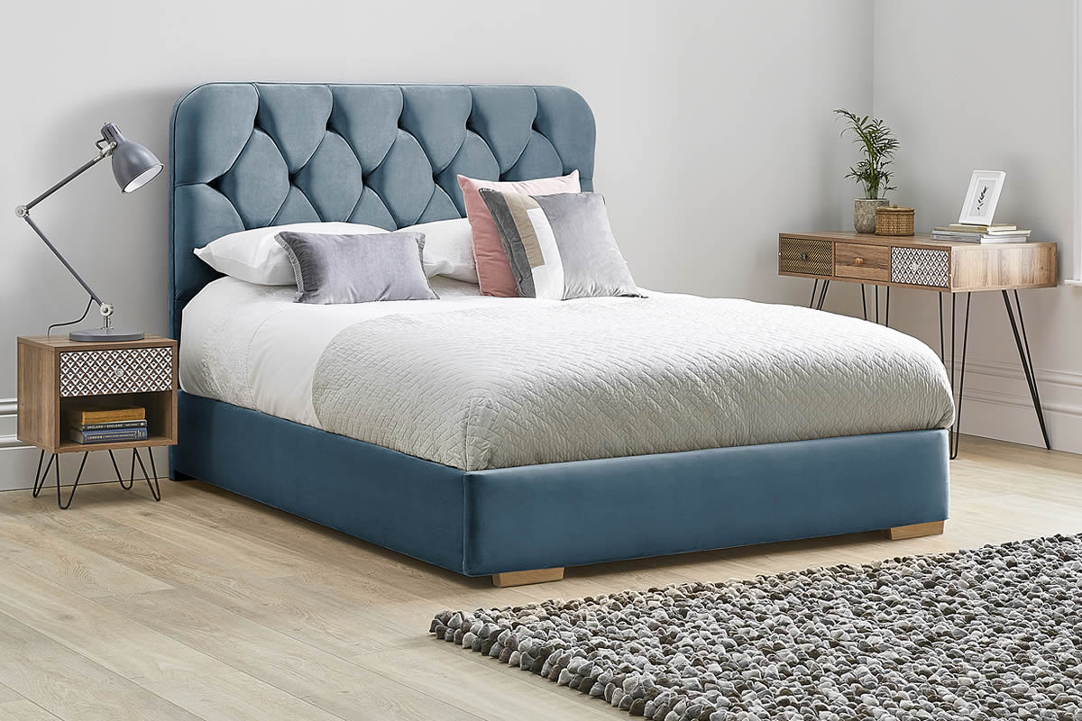 View Marine Blue Fabric Bed Frame Rounded Deeply Padded Plush Buttoned Headboard Heavy Duty 46 Double Bed Low Foot End Lilly information